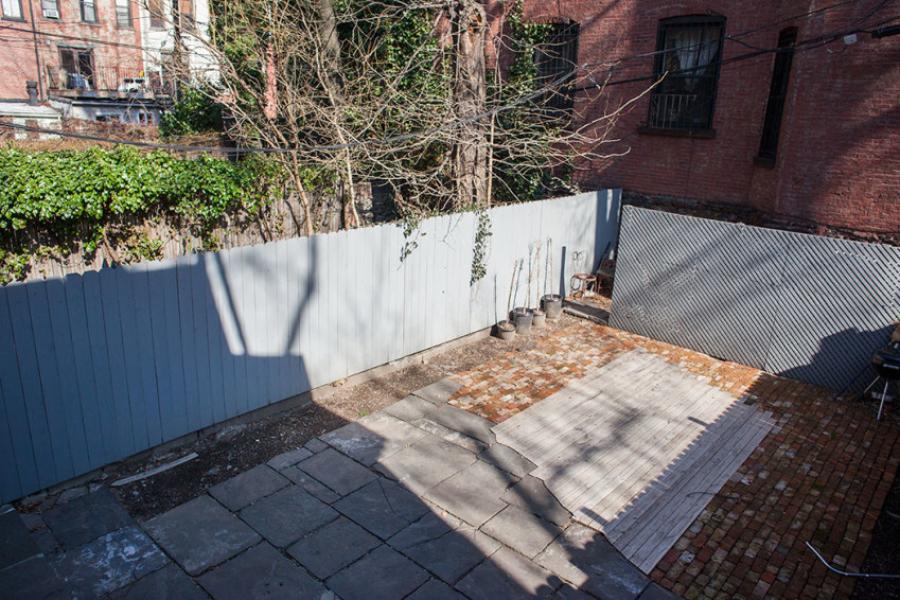 brownstone, contemporary, light, white, fireplace, kitchen, deck, 