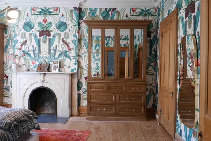 brownstone, funky, eclectic, colorful, staircase, fireplace, kitchen, 