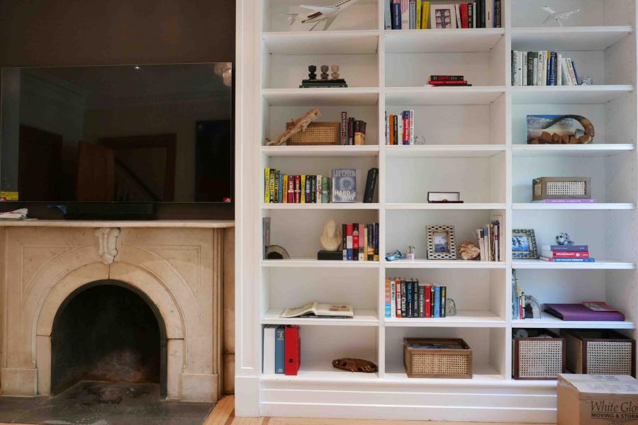 brownstone, funky, eclectic, colorful, staircase, fireplace, kitchen, 