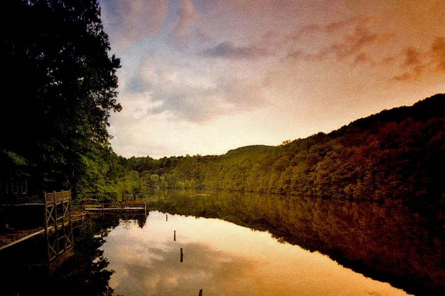 cabin, log house, lake, water, 