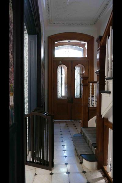 brownstone, funky, eclectic, colorful, staircase, fireplace, kitchen, 