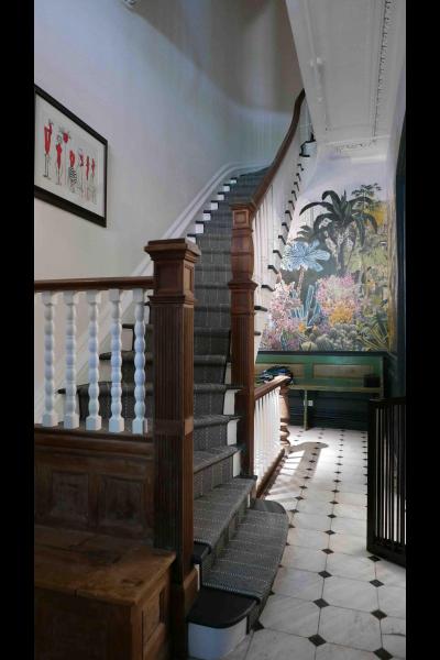 brownstone, funky, eclectic, colorful, staircase, fireplace, kitchen, 