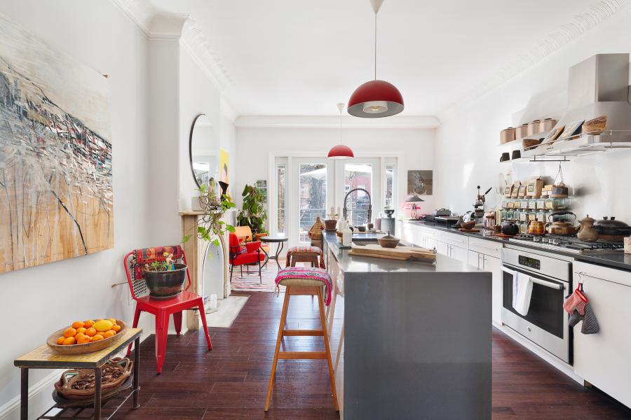 brownstone, townhouse, bohemian, eclectic, staircase, deck, kitchen, 