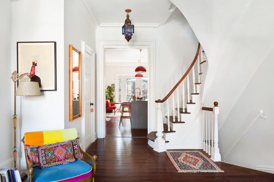 brownstone, townhouse, bohemian, eclectic, staircase, deck, kitchen, 