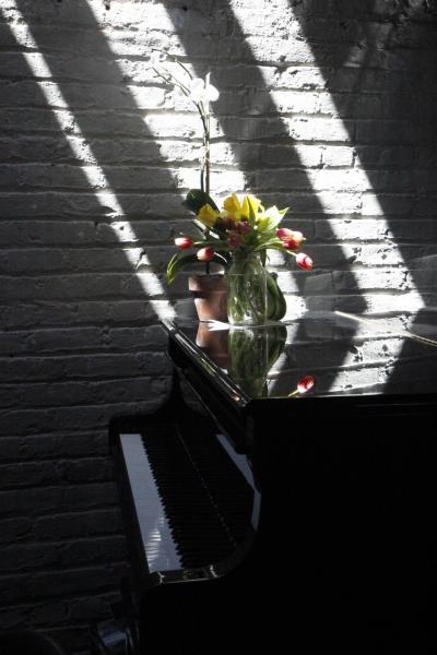 loft, bohemian, funky, textured walls, wood, piano, 