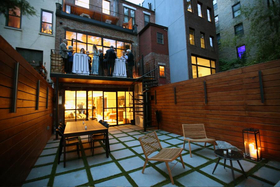 brownstone, townhouse, contemporary, upscale, staircase, terrace, garden, kitchen, bathroom, 