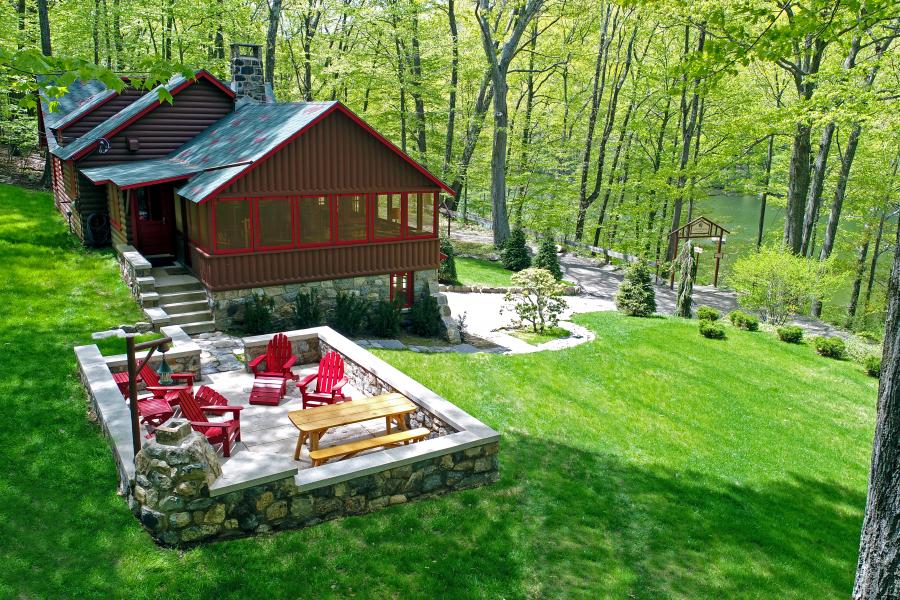 cabin, log house, lake, water, 