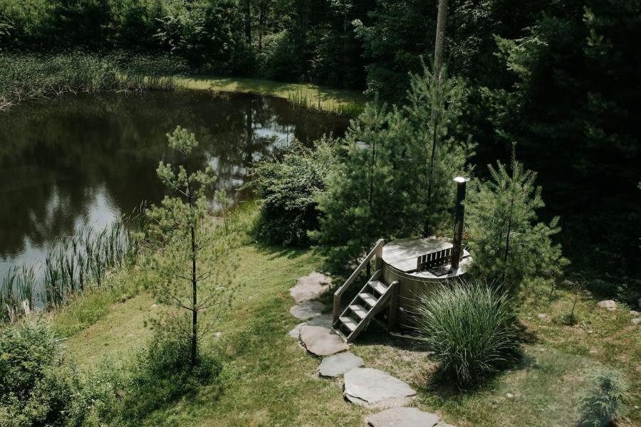 cabin, wooded, wood, pond, lake, glass, fireplace, 