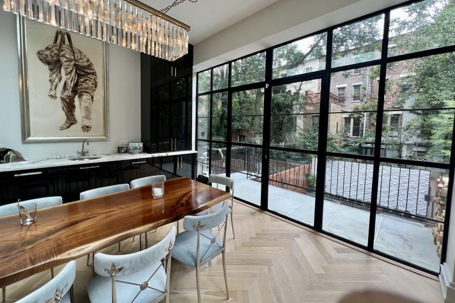 brownstone, townhouse, contemporary, upscale, staircase, terrace, garden, kitchen, bathroom, 