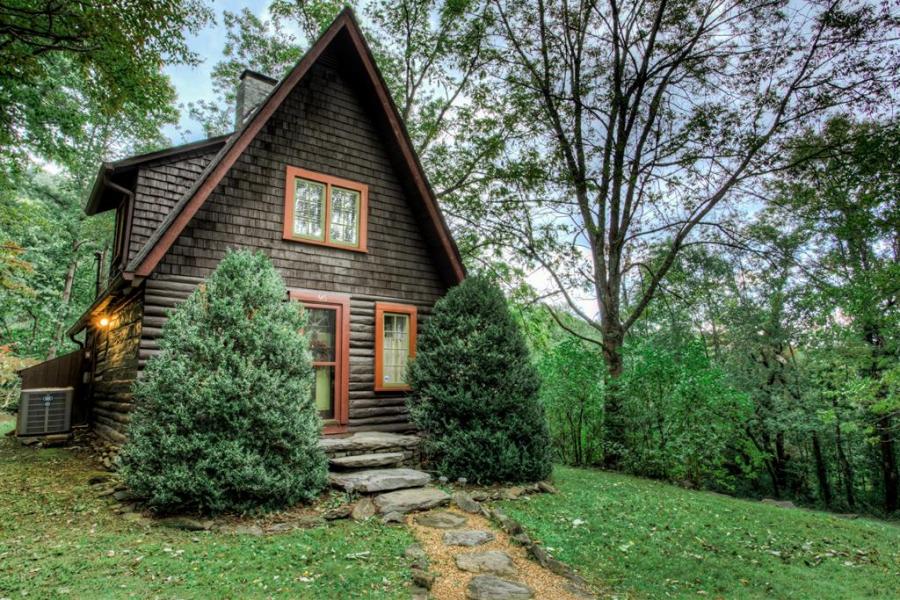 log house, cabin, stone, water, rural, Asheville, 