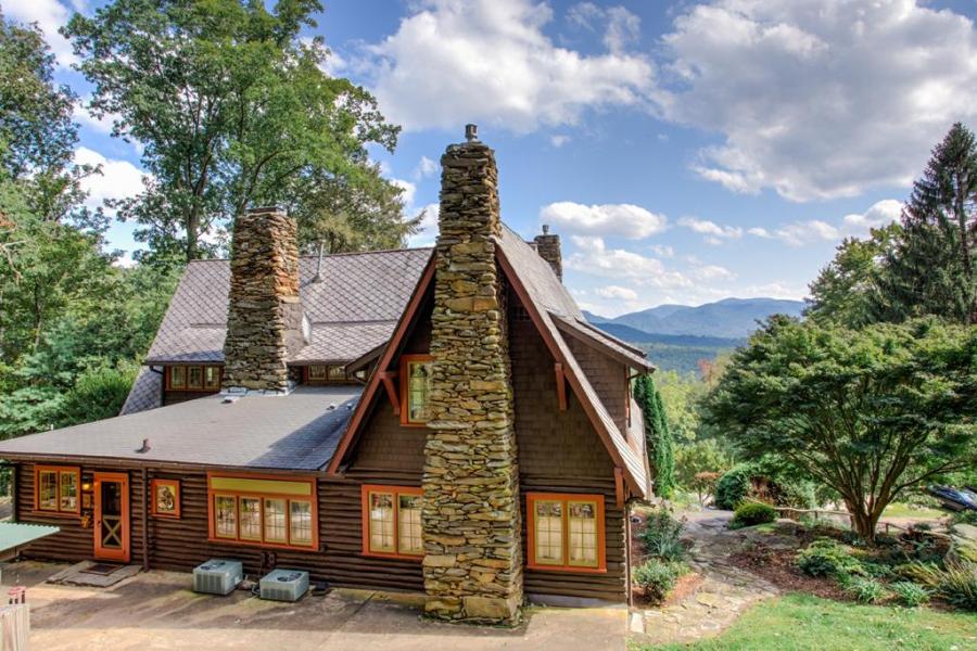 log house, cabin, stone, water, rural, Asheville, 