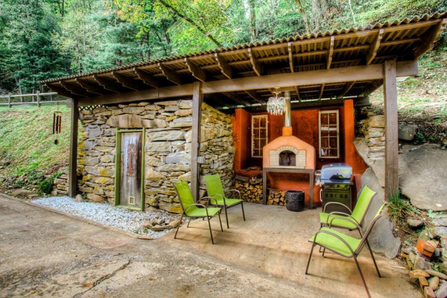 log house, cabin, stone, water, rural, Asheville, 