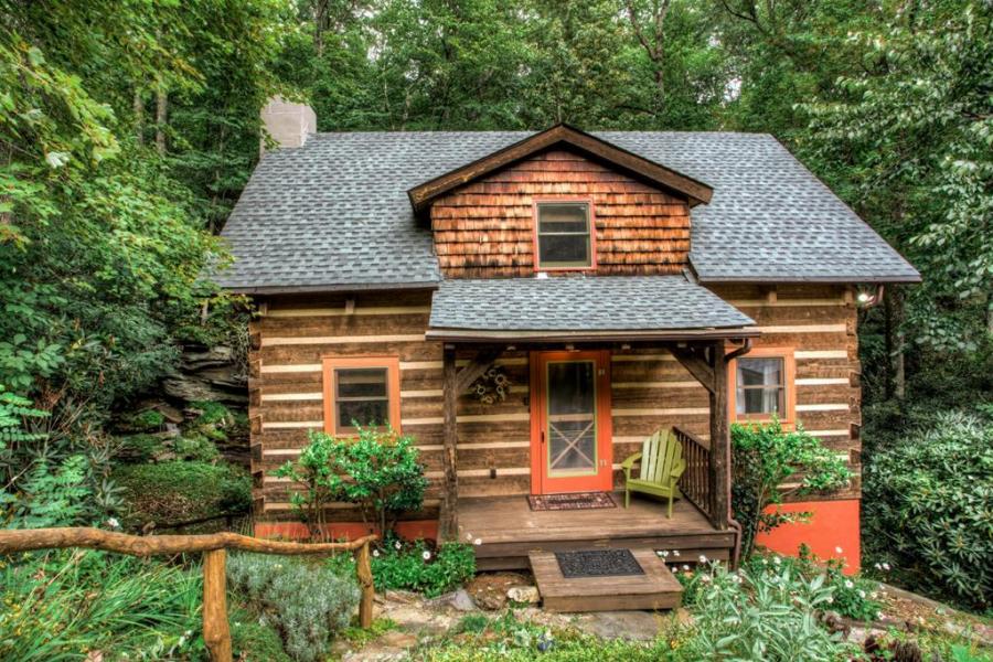 log house, cabin, stone, water, rural, Asheville, 