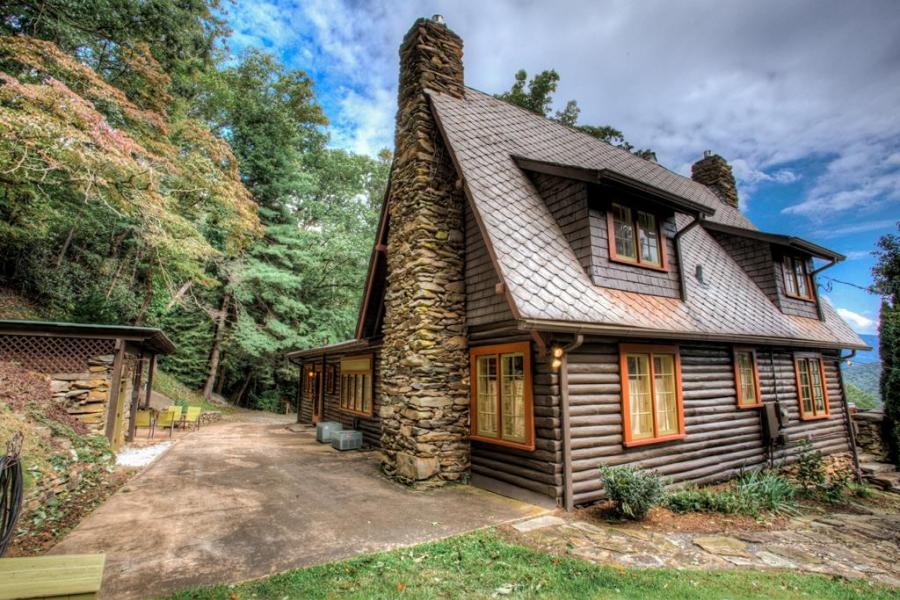 log house, cabin, stone, water, rural, Asheville, 