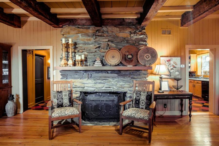 log house, cabin, stone, water, rural, Asheville, 