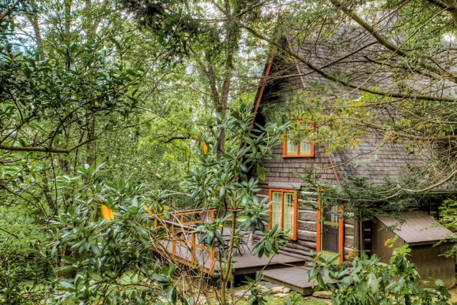 log house, cabin, stone, water, rural, Asheville, 