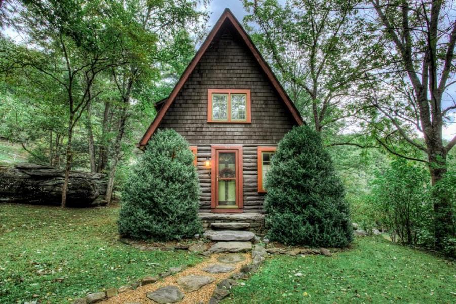 log house, cabin, stone, water, rural, Asheville, 