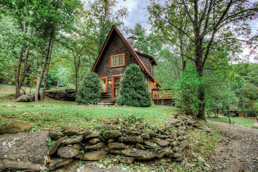 log house, cabin, stone, water, rural, Asheville, 