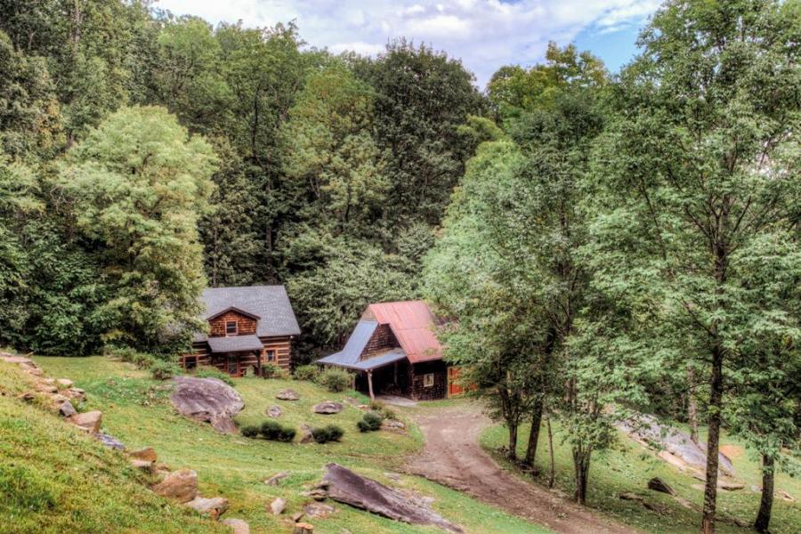 log house, cabin, stone, water, rural, Asheville, 