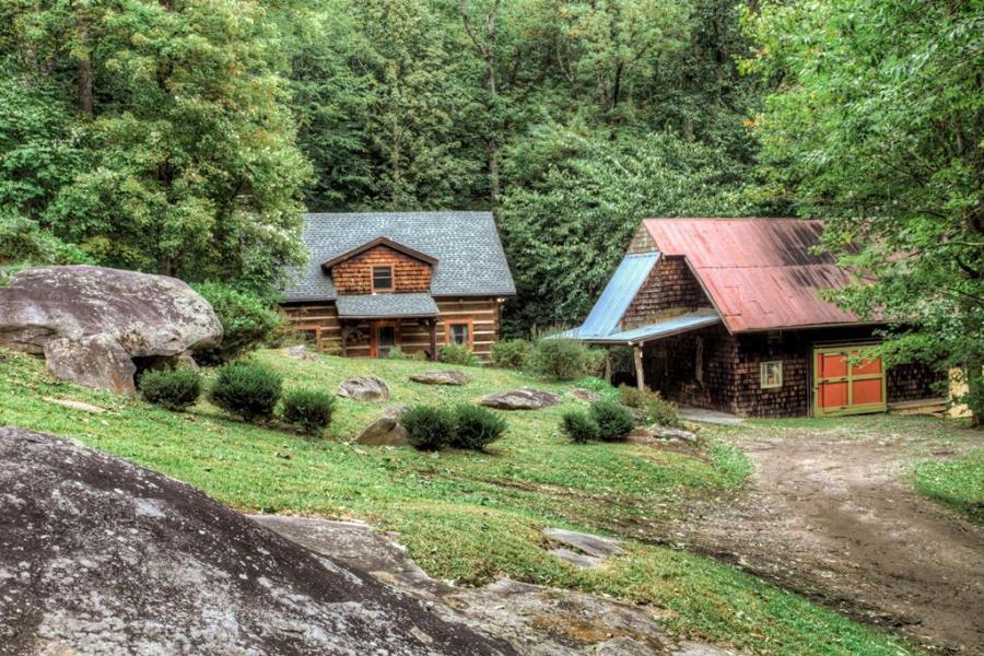 log house, cabin, stone, water, rural, Asheville, 