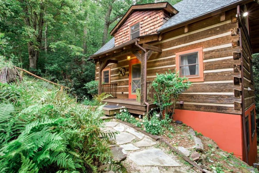 log house, cabin, stone, water, rural, Asheville, 