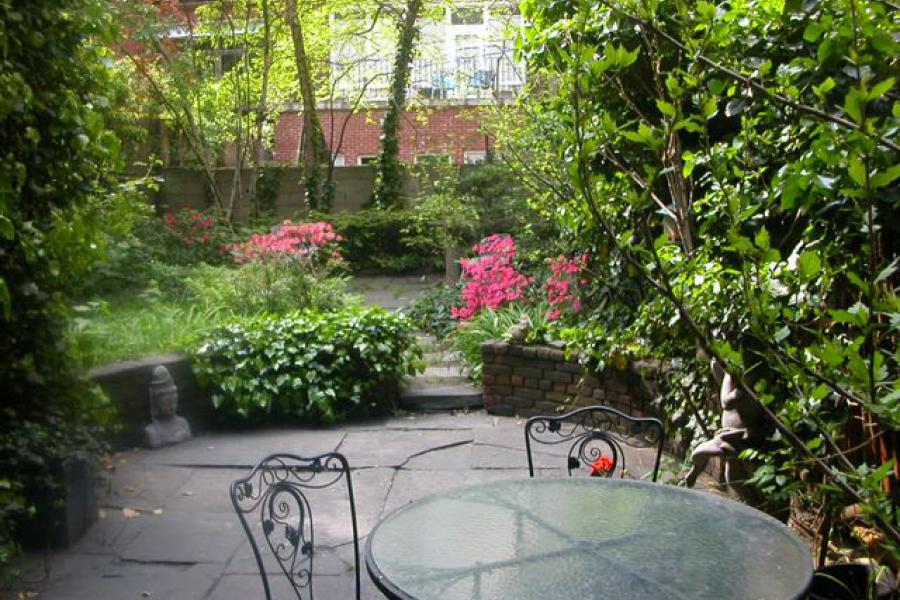 townhouse, brownstone, upscale, contemporary, staircase, fireplace, garden, 