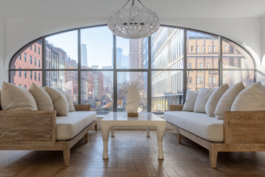 loft, apartment, white, light, city view, bedroom, staircase, 