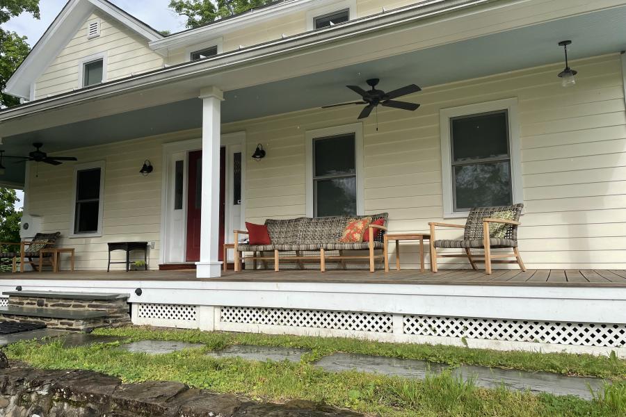 farmhouse, farm, rural, country, field, lake, barn, porch, 