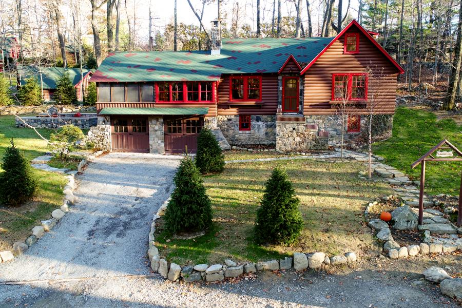 cabin, log house, lake, water, 