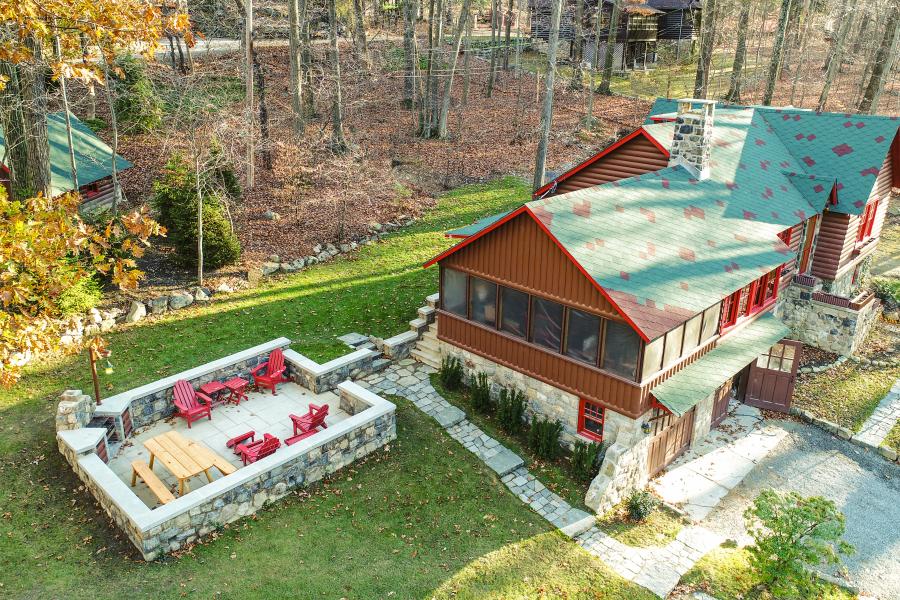 cabin, log house, lake, water, 