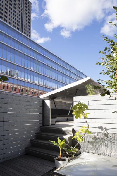 loft, apartment, kitchen, bathroom, rooftop, light, skyline, city view, 