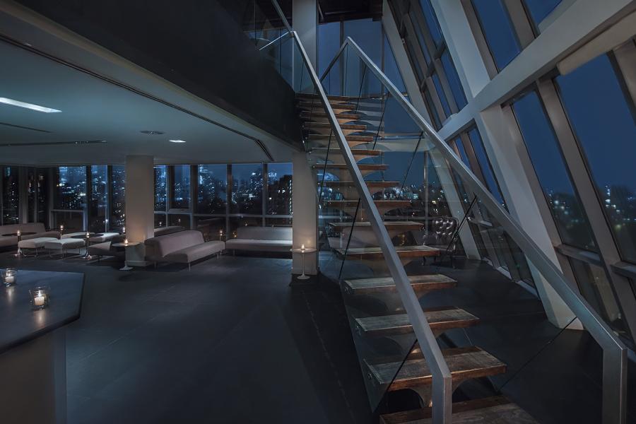 contemporary, upscale, glass, apartment, loft, staircase, rooftop, city view, 