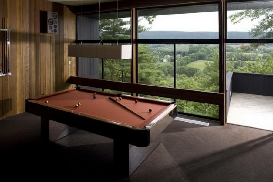 modern, contemporary, pool, bar, patio, wooded, fireplace, pool table, deck, 