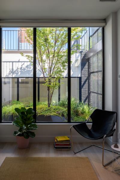 townhouse, modern, glass, light, rooftop, staircase, white, city view, 