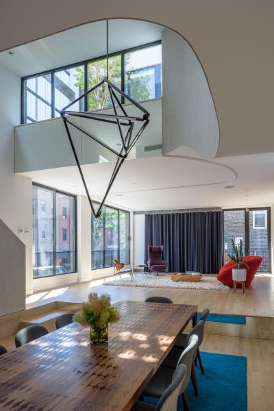 townhouse, modern, glass, light, rooftop, staircase, white, 