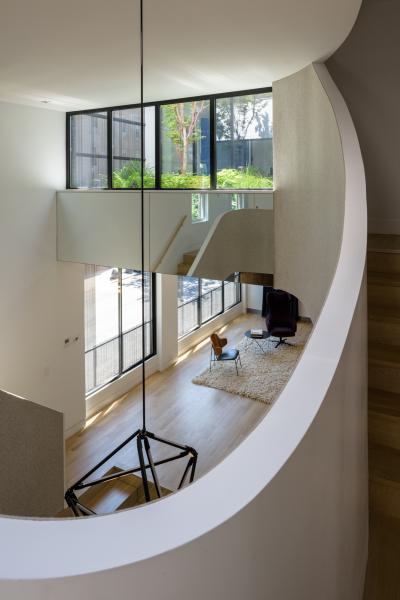 townhouse, modern, glass, light, rooftop, staircase, white, 